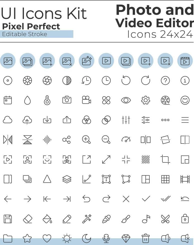 Foto und Video Editor Werkzeuge Pixel perfekt linear ui Symbole Satz. Multimedia Einstellung. Digital Programm. Gliederung isoliert Benutzer Schnittstelle Elemente. editierbar Schlaganfall vektor