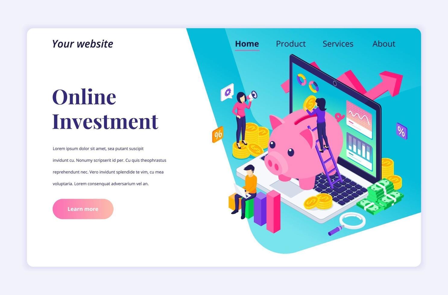 isometrisches Landingpage-Designkonzept für Unternehmensinvestitionen. Leute, die Münzgeld in ein Sparschwein stecken, Gewinneinkommen mit Finanzgrafik und -diagramm. Vektorillustration vektor