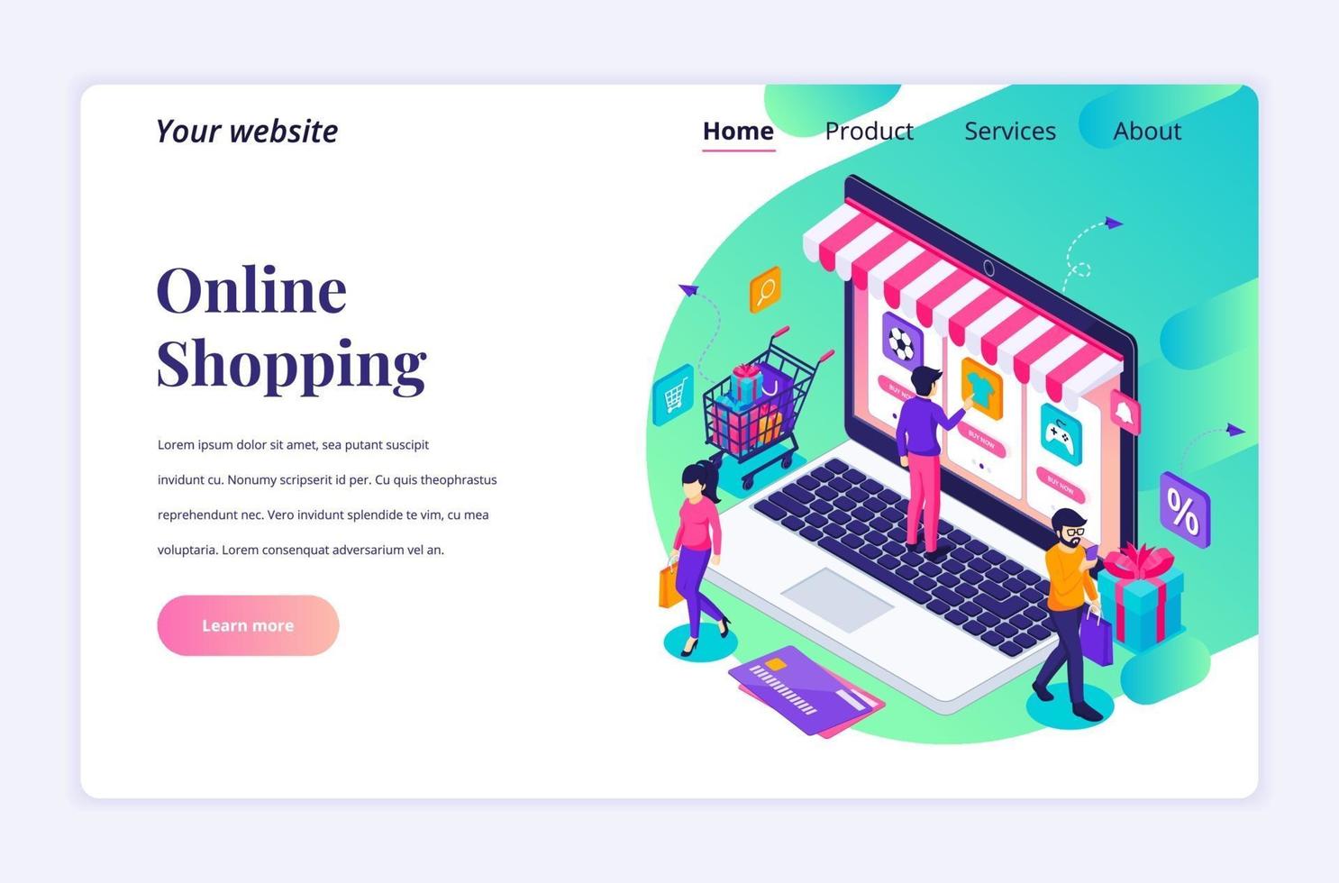 modernt platt isometriskt designkoncept online shopping. människor som köper produkter i webbutiken för webbplats och mobilwebbplats. målsidesmall. vektor illustration