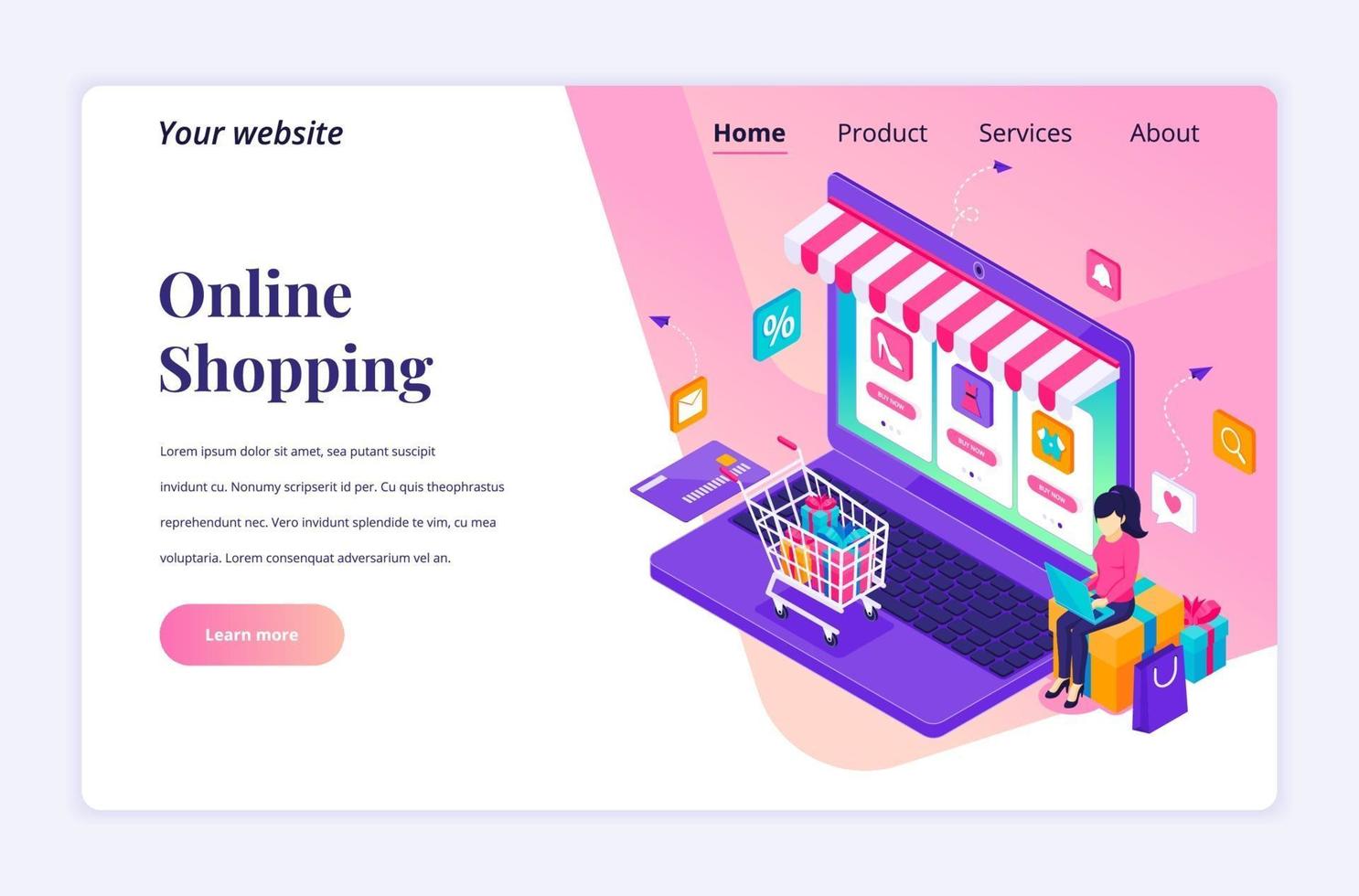 modernt platt isometriskt designkoncept online shopping. en ung kvinna som använder bärbar dator för att köpa produkter i webbutiken för webbplats och mobilwebbplats. målsidesmall. vektor illustration