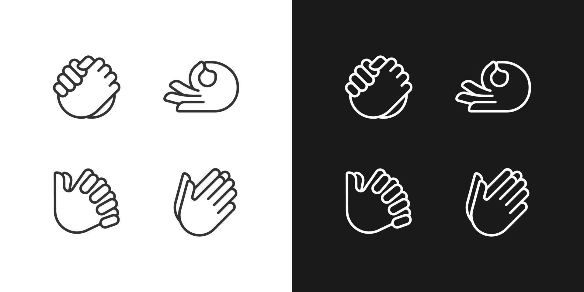Gesten Kommunikation Pixel perfekt Weiß linear Symbol zum dunkel Themen einstellen zum dunkel, Licht Modus. Hand Position Signale. dünn Linie Symbole zum Nacht, Tag Thema. isoliert Illustrationen. editierbar Schlaganfall vektor