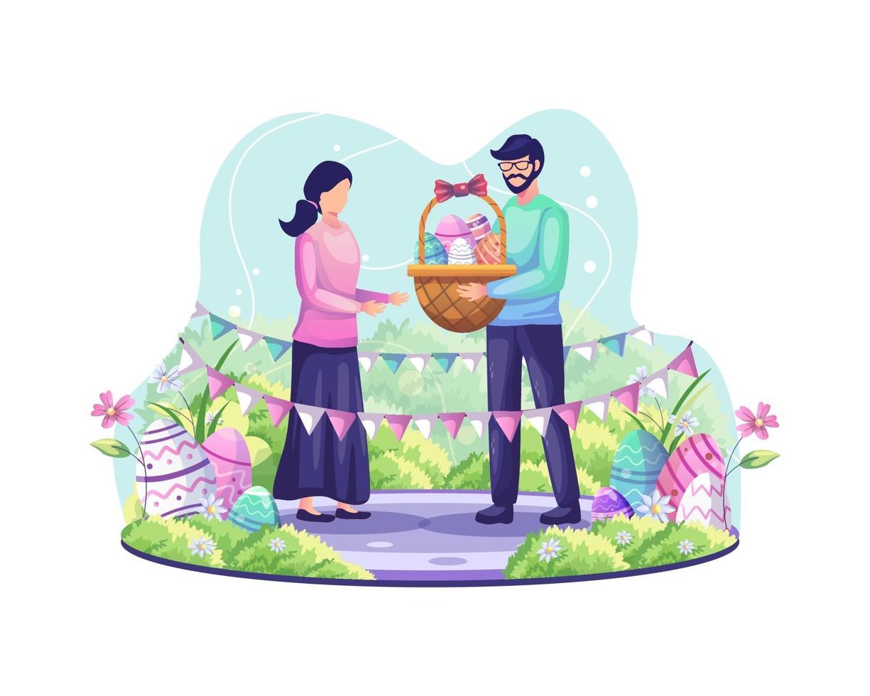 mannen ger en korg full med påskägg till en flicka. ett par firar påskdagen vektor