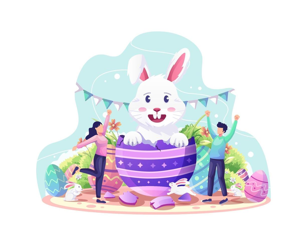 glad påskdag firande med ett par välkomnande söt kanin kommer ut ägg påsk vektor