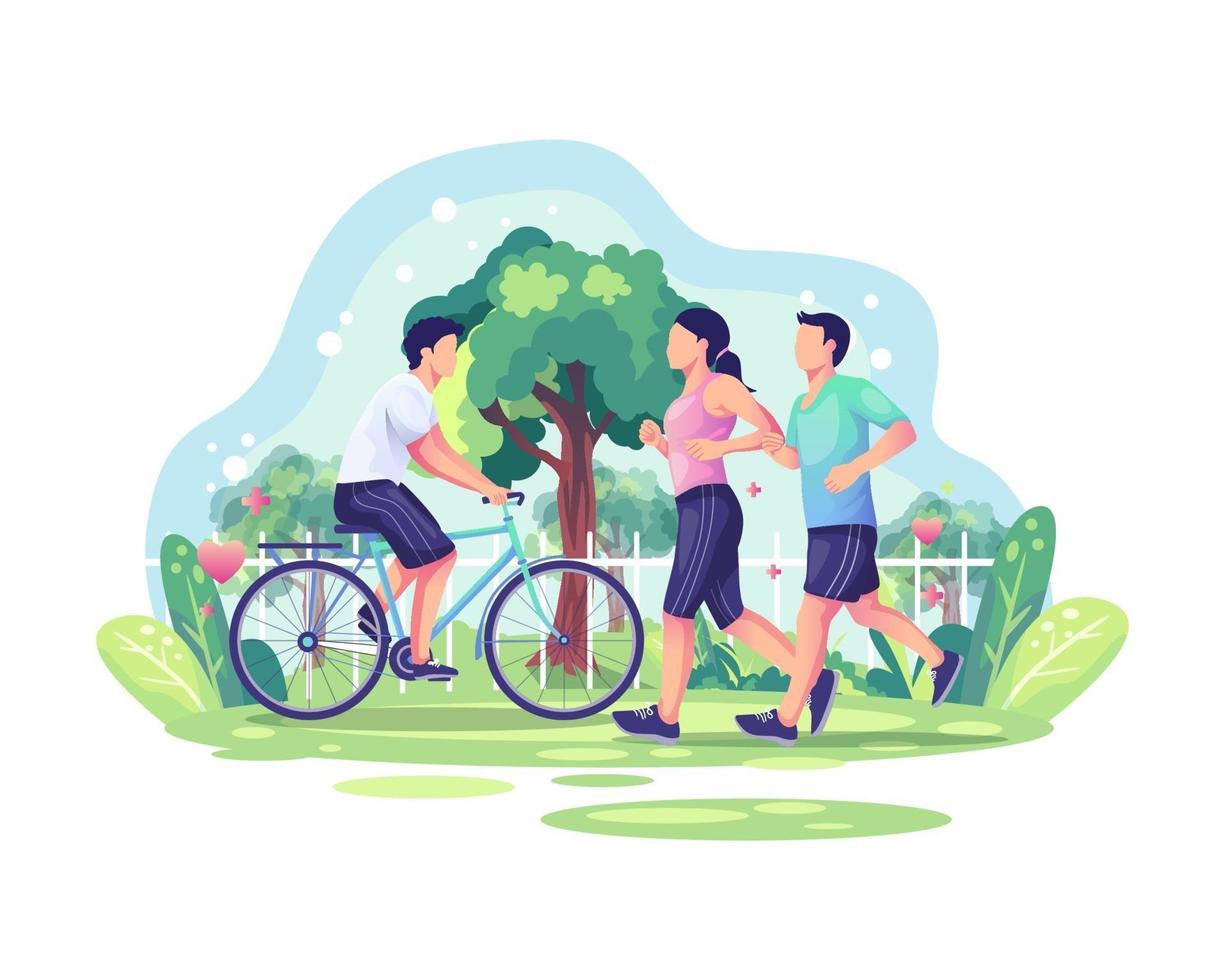 världshälsodagsillustrationskoncept med parjogging och en person som cyklar i parken. hälsosam livsstil vektor