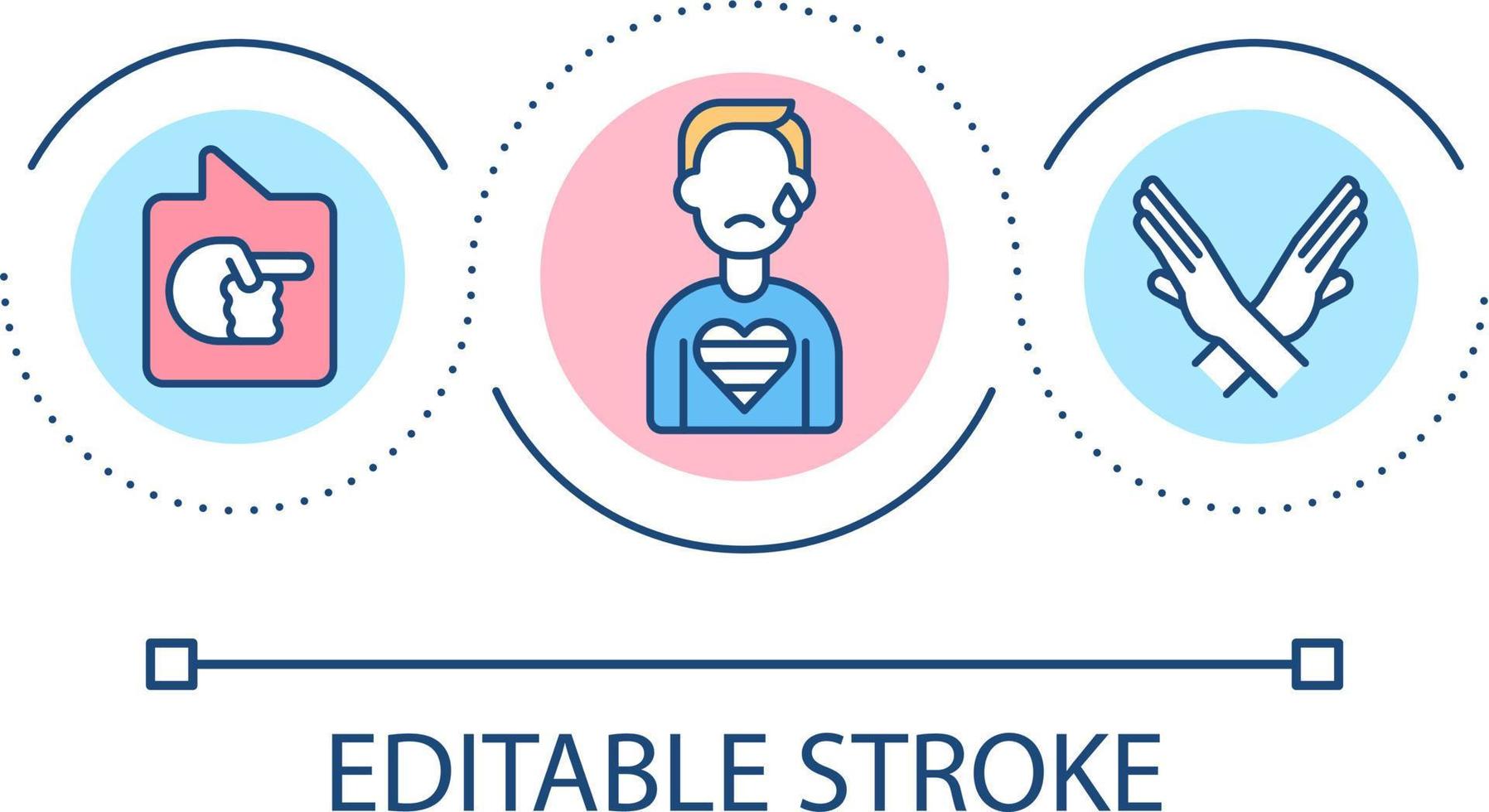sluta trakasserier slinga begrepp ikon. undvika offensiv uttalanden. HBTQ gemenskap utmaningar abstrakt aning tunn linje illustration. isolerat översikt teckning. redigerbar stroke vektor