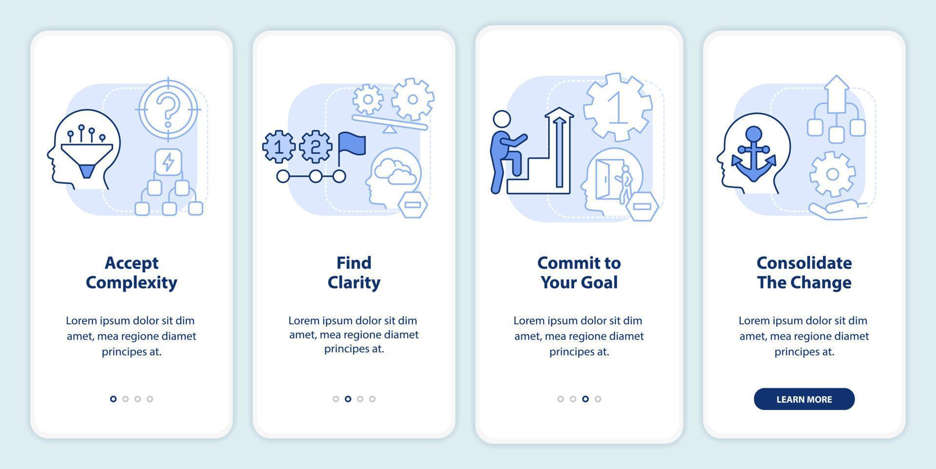 anpassning till komplex förändra ljus blå onboarding mobil app skärm. genomgång 4 steg redigerbar grafisk instruktioner med linjär begrepp. ui, ux, gui mall vektor