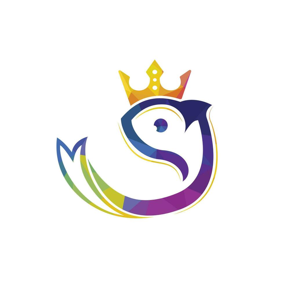 Fisch König Vektor Logo Design. Krone mit Fisch Symbol Logo.