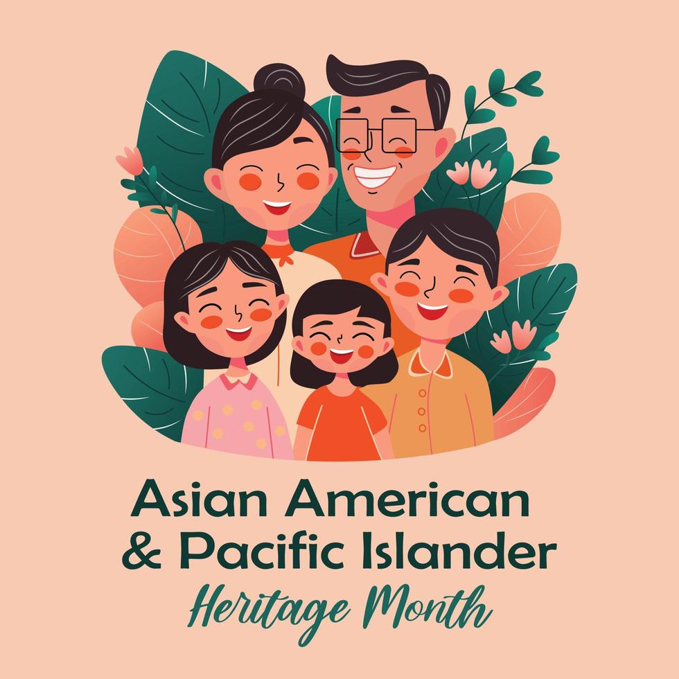 asiatisch amerikanisch, Pazifik Inselbewohner Erbe Monat - - Feier im USA. süß Vektor Banner mit glücklich Familie Porträt. Gruß Karte, Banner aapi