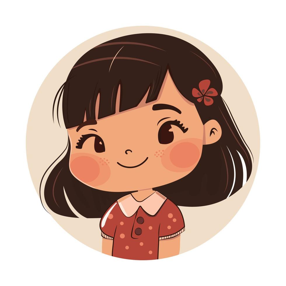 süß Süss glücklich lächelnd asiatisch amerikanisch Mädchen Porträt. einfach Karikatur Stil Hand gezeichnet Kind Charakter. Vektor Illustration isoliert auf Weiß Hintergrund. Brünette, dunkel Haar Mädchen Kind