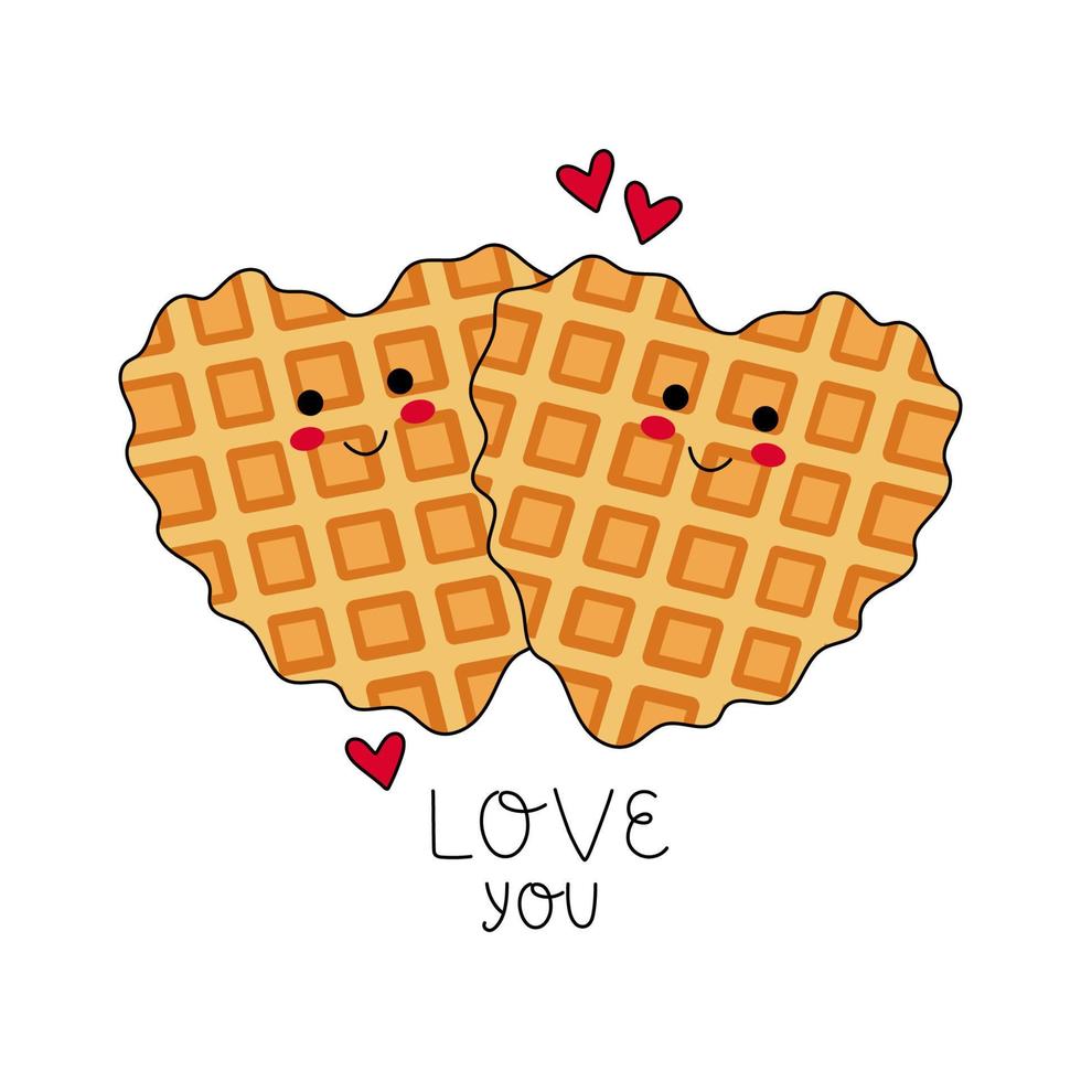 Belgier Waffeln Herz Form. glücklich Liebhaber Waffeln zusammen - - Liebe Du. Vektor Illustration.