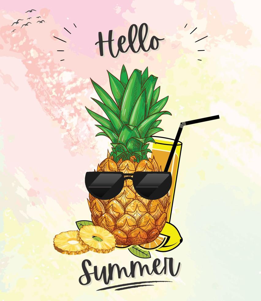 Hallå, sommar text med söt ananas. gyllene grön mång söt modern Hej sommar vektor