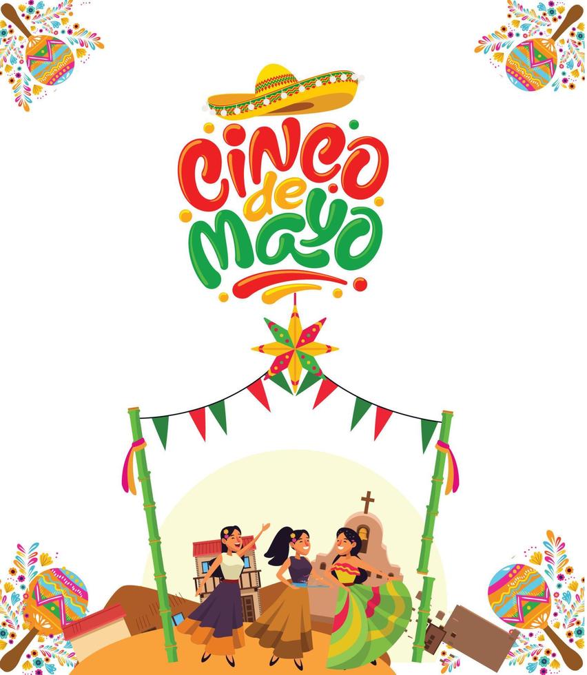 grädde modern de cinco de mayo fest uppsättning av karaktär. Lycklig mexikansk kostym bär flickor. vektor illustration