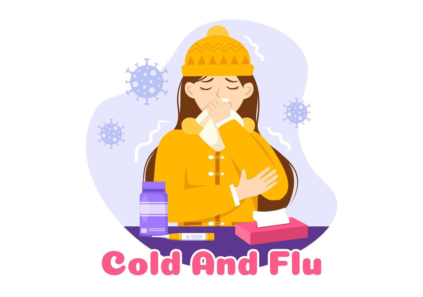 sjuk person influensa och kall sjukdom illustration med människor bär tjock kläder i platt tecknad serie hand dragen för hälsa vård landning sida mall vektor