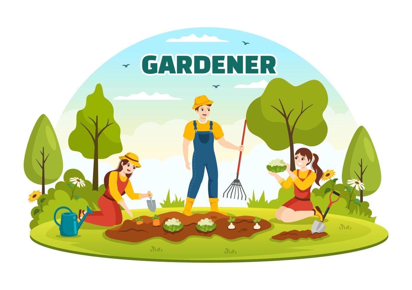 Gärtner Illustration mit Garten Werkzeug, Landwirtschaft, wächst Gemüse im botanisch Sommer- Gartenarbeit eben Karikatur Hand gezeichnet zum Landung Seite Vorlagen vektor