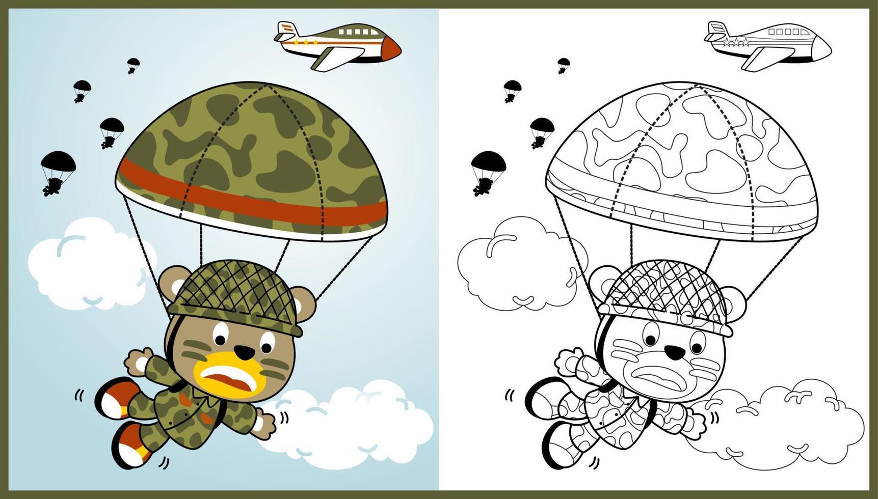 rolig Björn soldat fallskärmshoppning, vektor tecknad serie illustration, färg bok eller sida