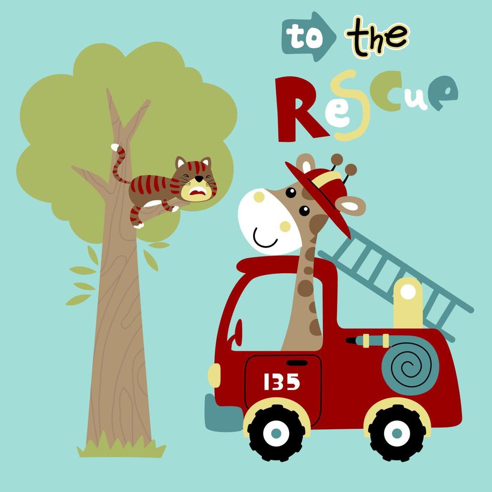 süß Giraffe auf Feuerwehrauto speichern das Katze auf Baum, Vektor Karikatur Illustration