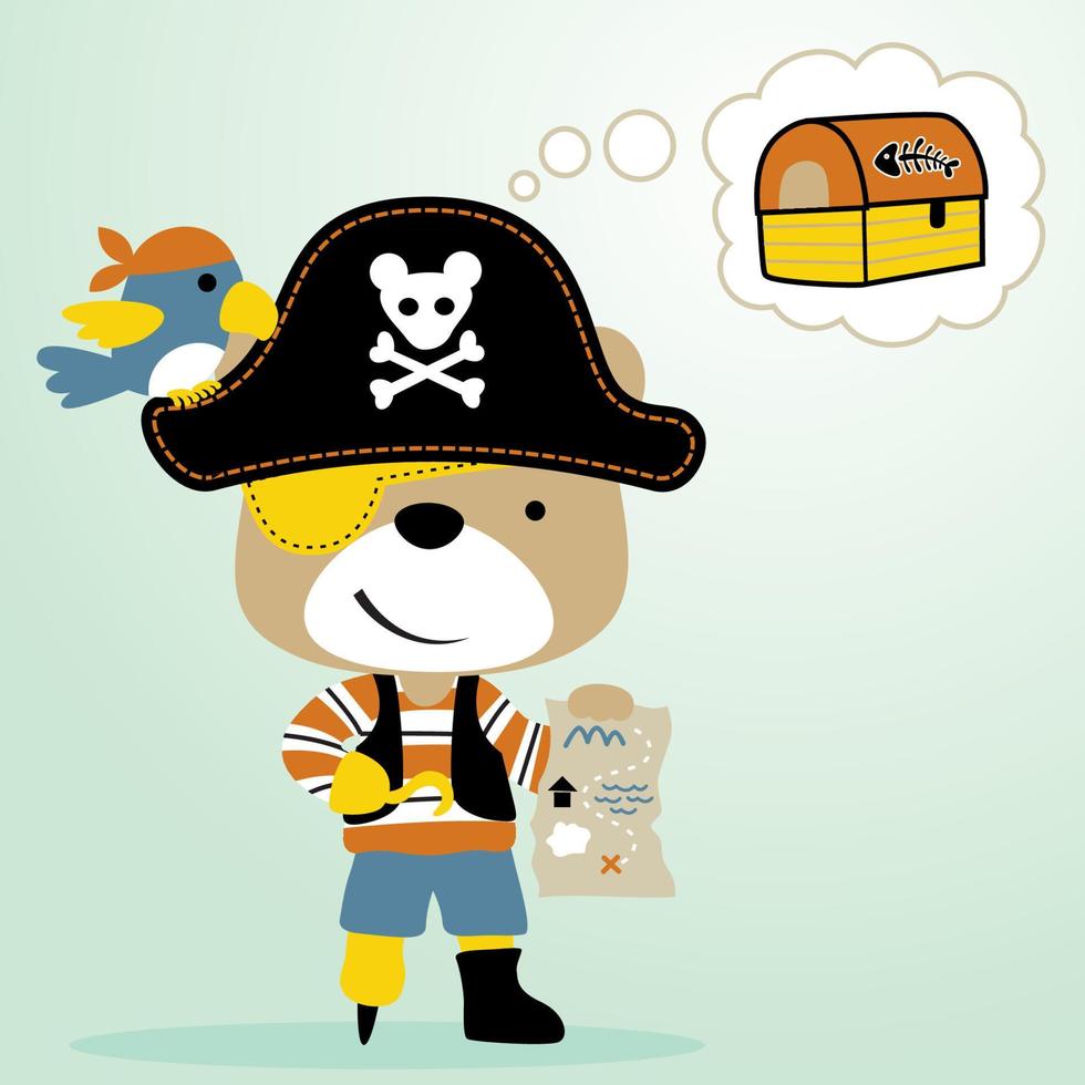 komisch Bär im Pirat Kostüm mit süß Vogel, Pirat Element, Vektor Karikatur Illustration