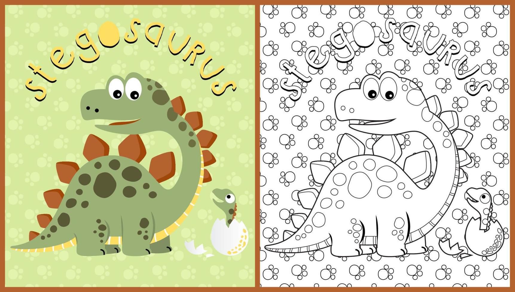 Vektor Karikatur von Dinosaurier mit ausgebrütet Ei auf Fußweg Hintergrund Muster, Färbung Seite oder Buch