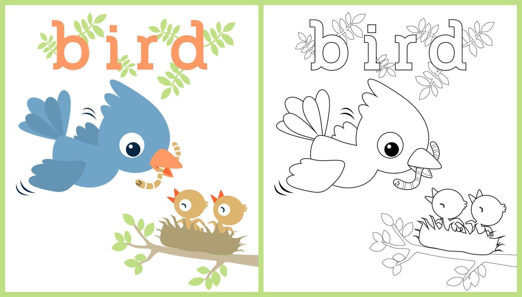 Vektor Karikatur Illustration von ein Vogel Fütterung es ist Jungtier mit Wurm auf Nest, Färbung Buch oder Seite