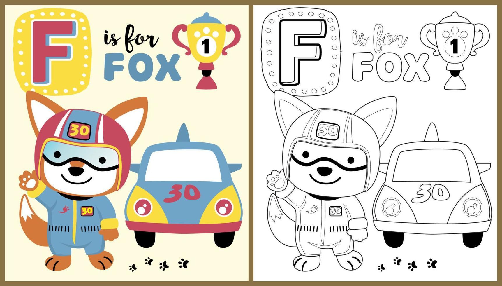Vektor Karikatur von süß Fuchs im Rennfahrer Kostüm mit Rennen Auto und Trophäe, Färbung Buch oder Seite