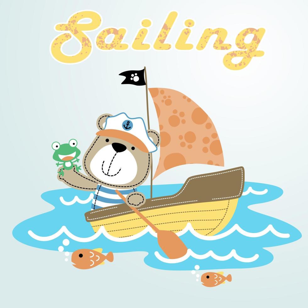 söt Björn med groda på segelbåt med fiskar, vektor tecknad serie illustration