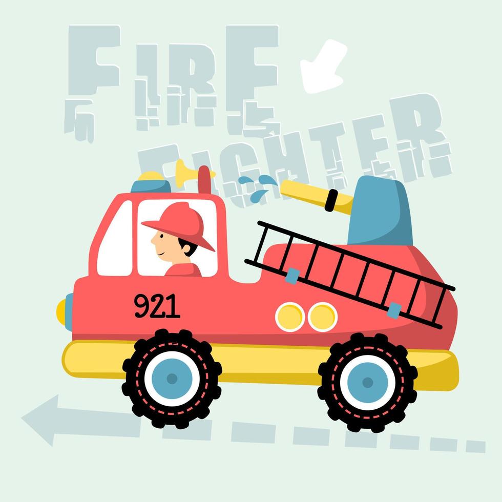 vektor tecknad serie illustration av brandbil med brandman