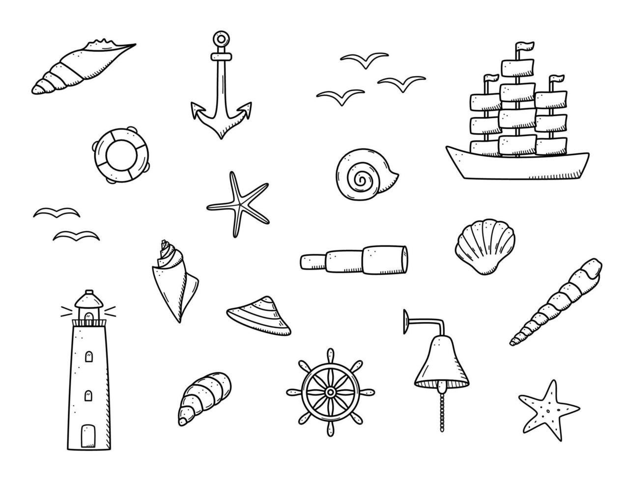 hav uppsättning av element, klotter ikoner av hav liv. fartyg teleskop skal, livboj ankare styrning hjul tjur, fyr och måsar. vektor illustration, symboler av sjömän eller pirater.