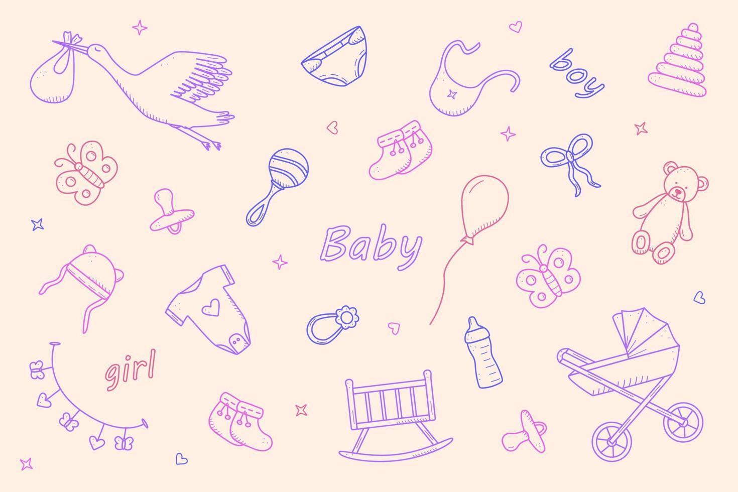 nyfödda ikoner som doodle stil. vektor illustration av element för en baby