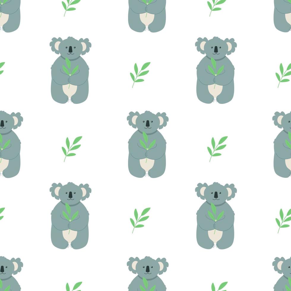 nahtloses muster niedlicher zeichentrickfigur koala mit einem zweig grüner eukalyptusblätter. Vektor-Illustration vektor
