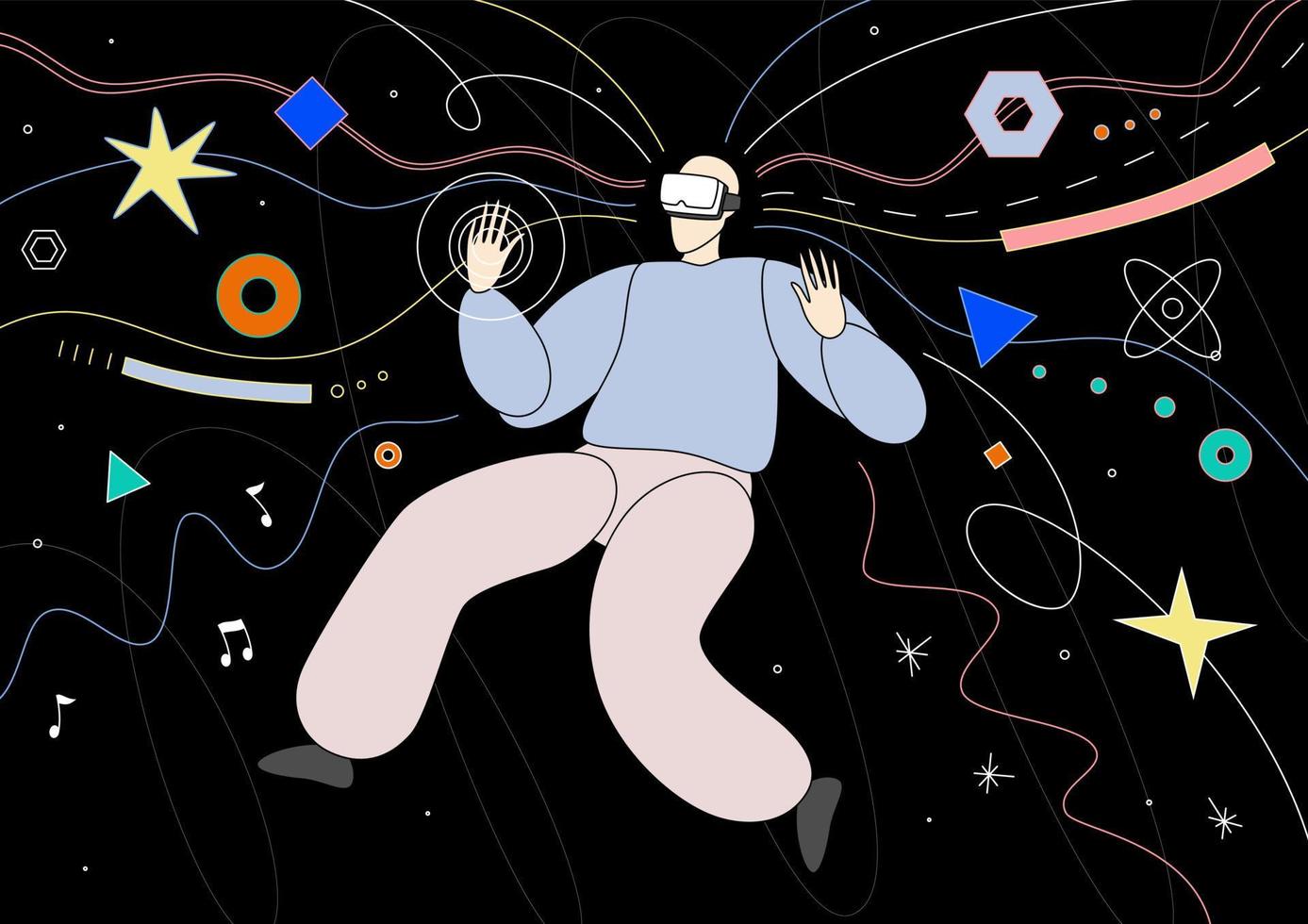 en man rör på sig objekt runt om använder sig av en virtuell verklighet vr headset. abstrakt bakgrund. vektor illustration.