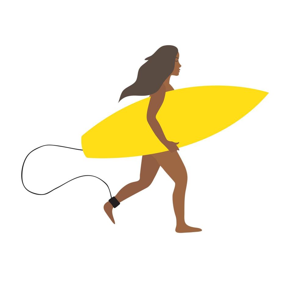 vektor platt surfare flicka med gul surfingbräda
