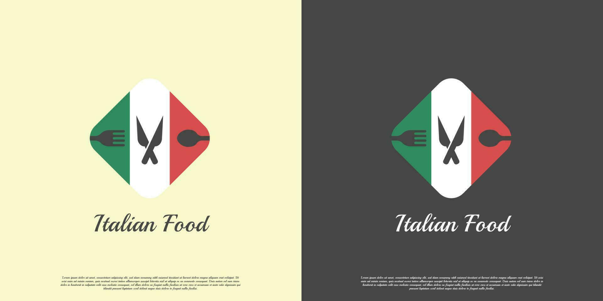 italiensk mat logotyp design illustration. silhuett av sked gaffel kniv i italiensk flagga ram. platt retro årgång stil kock matlagning kulinariska kulinariska design. vektor