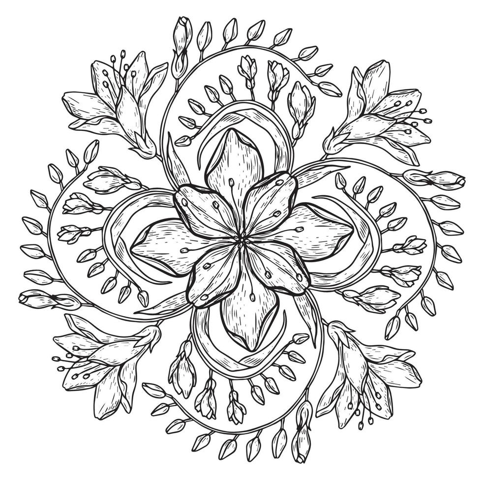 Kreis Frühling und Sommer- Gekritzel Ornament. Hand gezeichnet Mandala Kunst mit Blumen und Blätter schwarz und Weiß Umriss. vektor