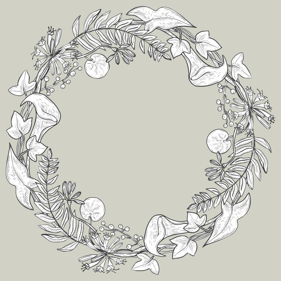 cirkel vår och sommar klotter prydnad. hand dragen mandala konst med blommor och löv svart och vit översikt. vektor