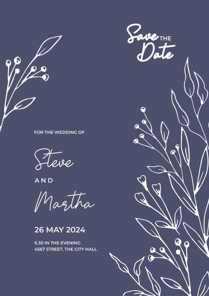 Blumen- Hochzeit Einladung Vorlage mit organisch Hand gezeichnet Blätter und Blumen Dekoration vektor