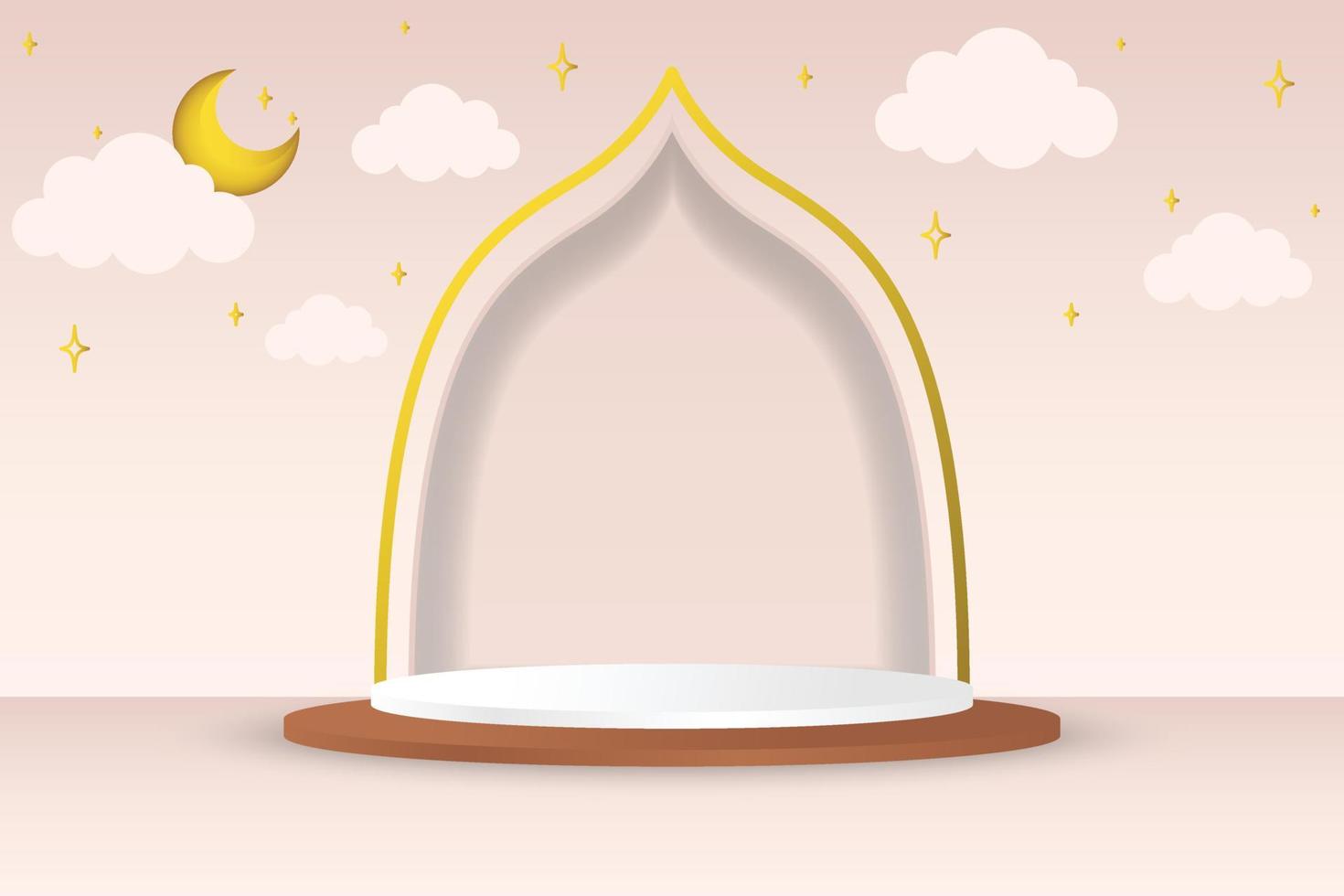 3d modern islamisch Urlaub Banner zum Ramadan. Podium mit Halbmond Mond, Sterne und Wolken. Vektor Illustration.