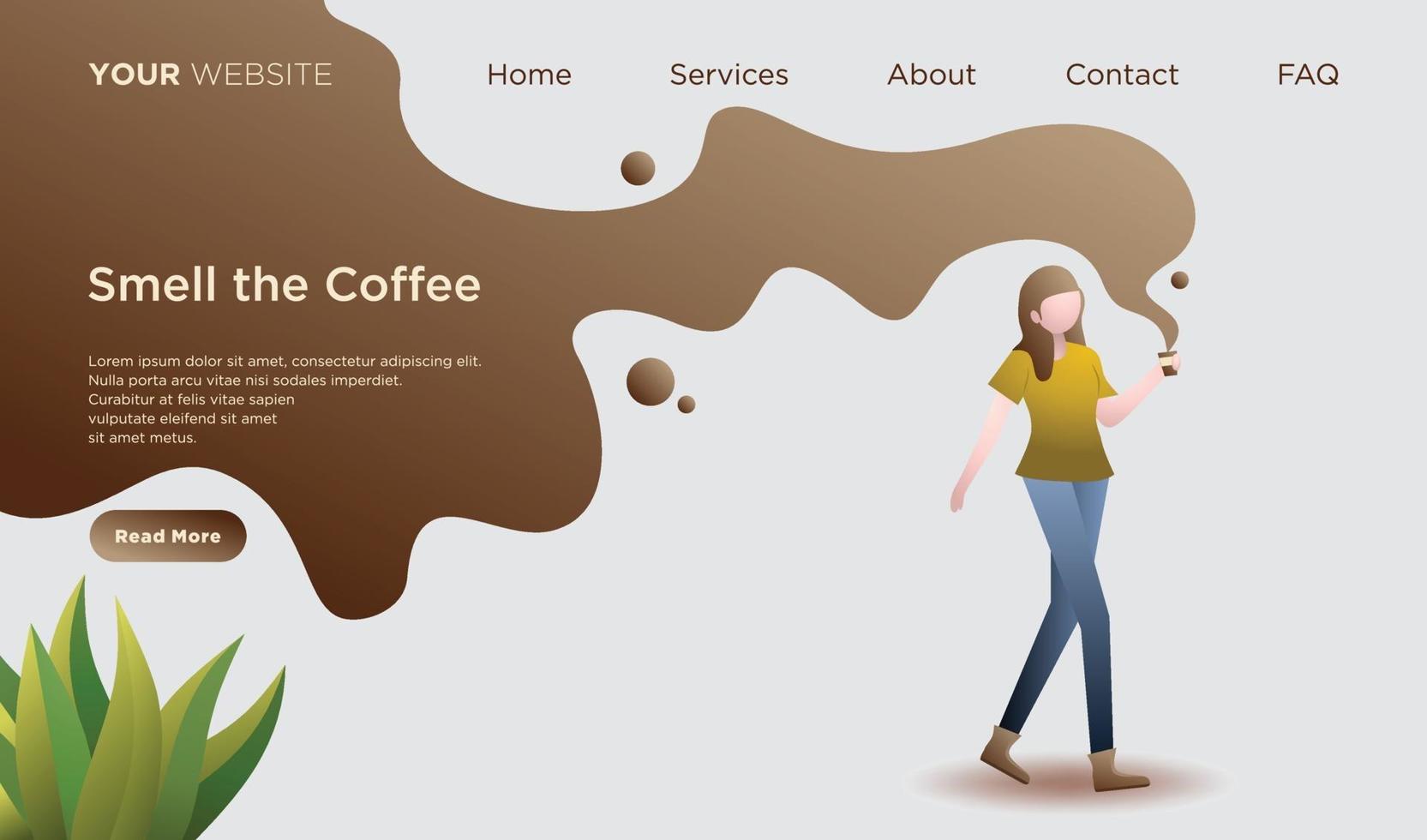 Landingpage mit einem Mädchen, das ein Glas Kaffee hält vektor