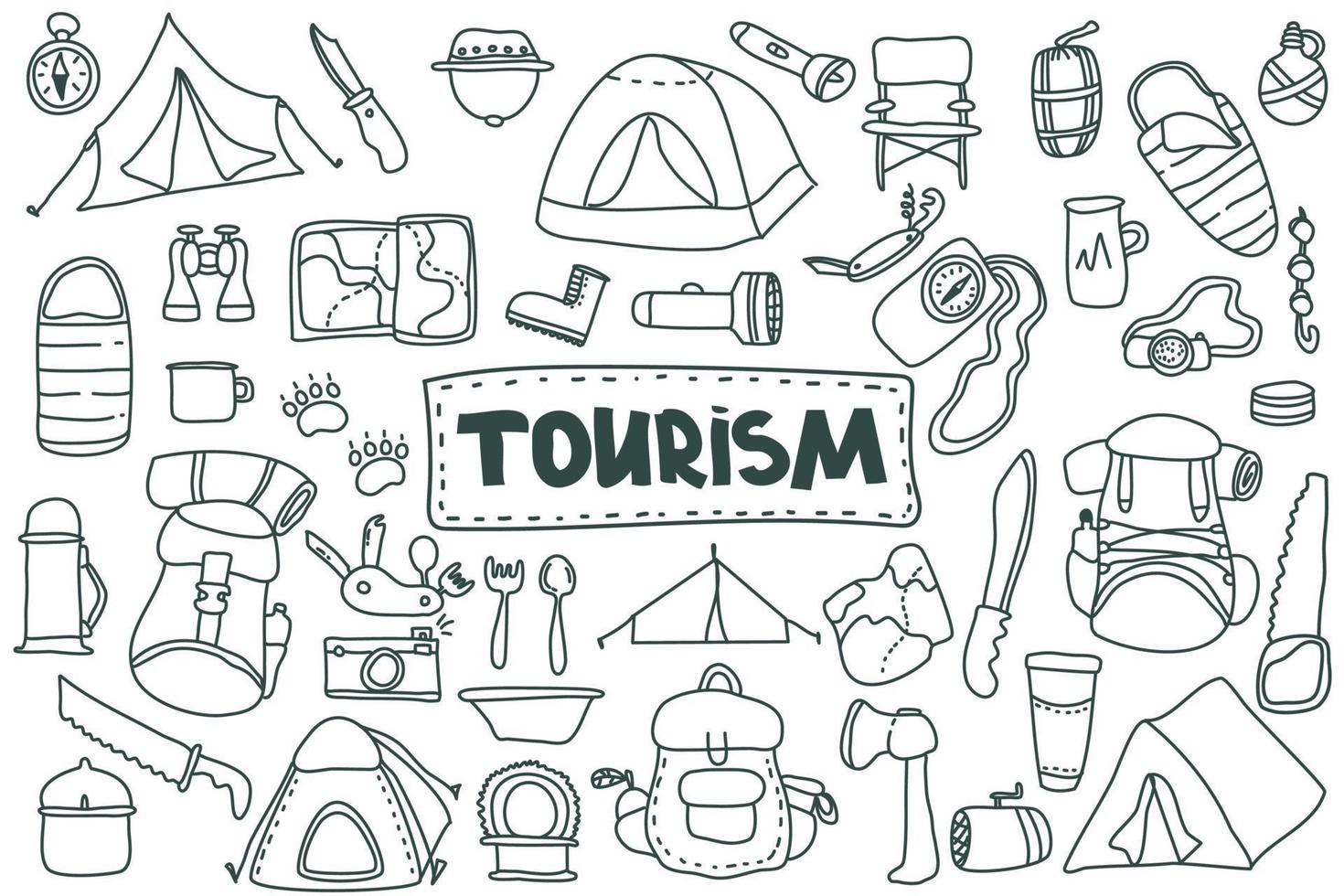 doodle stil turism set. handritad vektor camping ClipArt-uppsättning. isolerad på vit bakgrund ritning för utskrifter, affisch, söta brevpapper, resedesign. natur, skogsrekreation, sport.