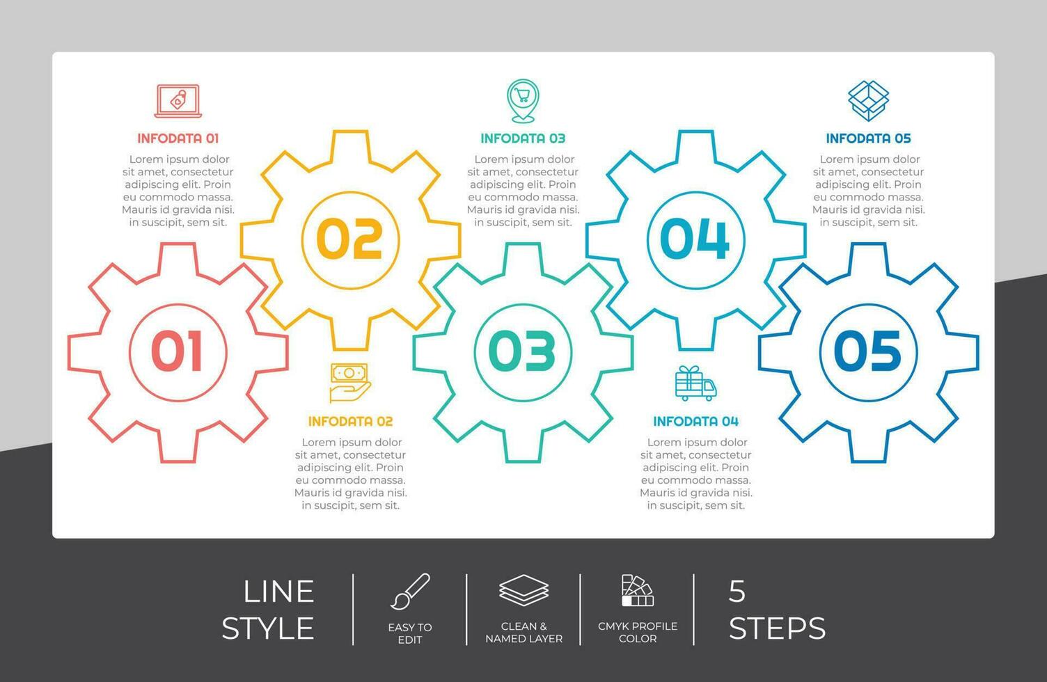 Ausrüstung Infografik Vektor Design mit 5 Schritte bunt Stil zum Präsentation Zweck.Linie Möglichkeit Infografik können Sein benutzt zum Geschäft und Marketing
