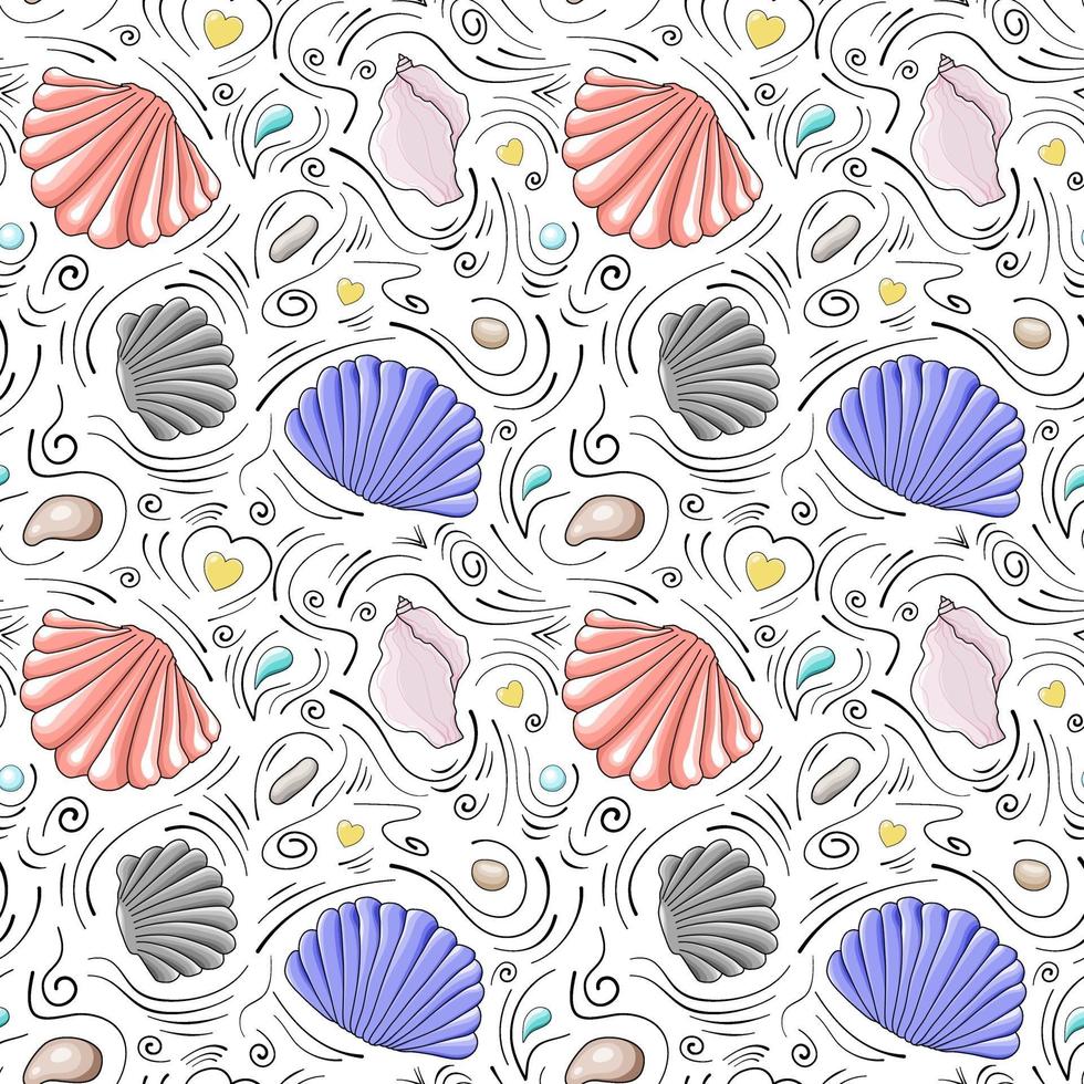 snäckskal vektor sömlösa mönster i tecknad stil. grå och röda halvcirkelformade snäckskal, ljusrosa snäckskal, havsstenar, droppar och svarta klotterlinjer