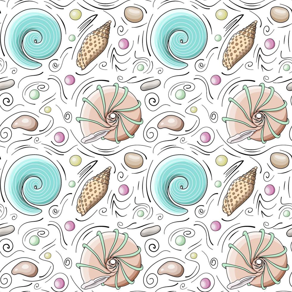 snäckskal vektor sömlösa mönster i tecknad stil. beige och blå snäckskal, havsstenar, mångfärgade sfärer och svarta klotterlinjer
