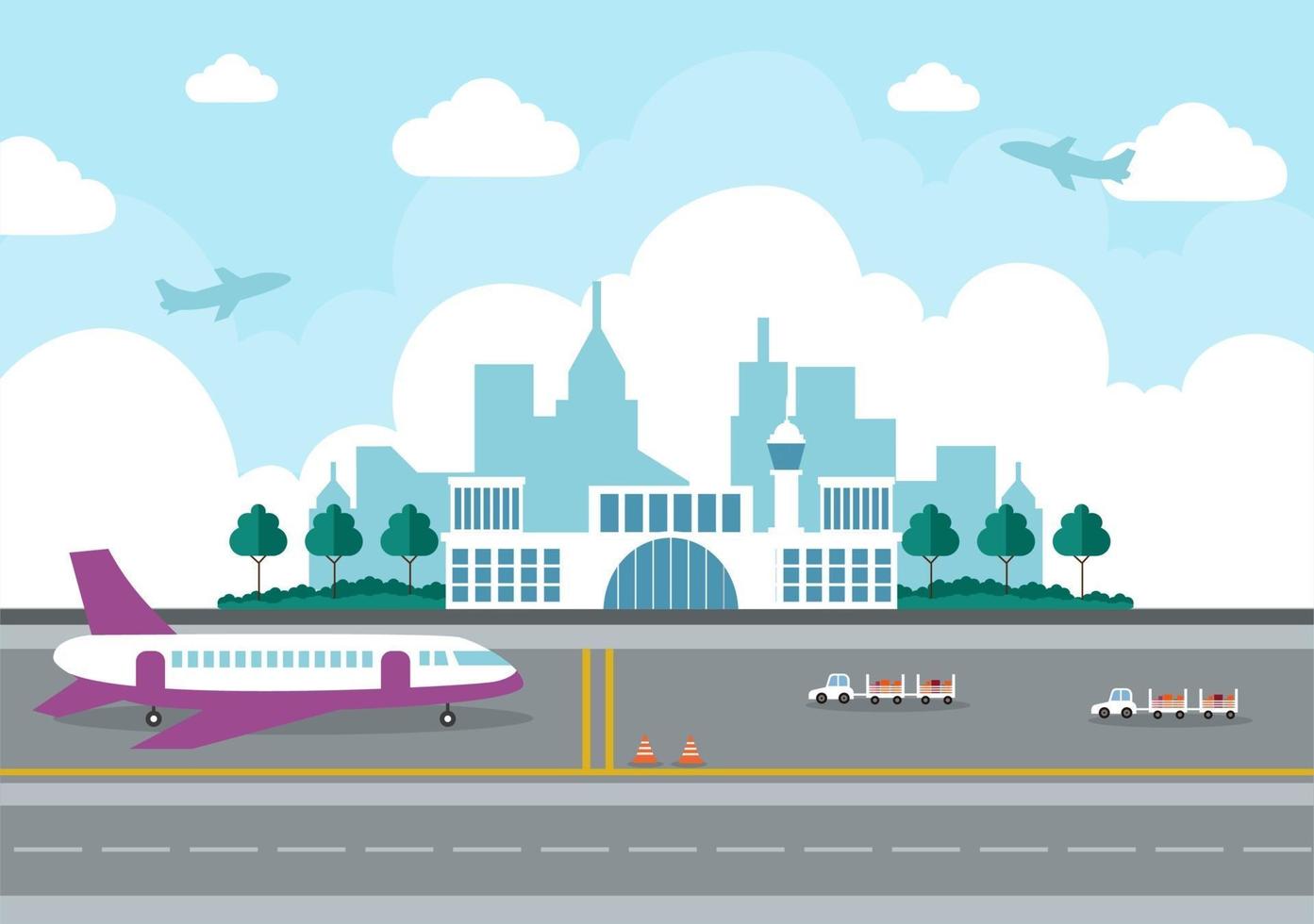 Flughafenterminalgebäude mit abhebender Infografikflugzeug- und verschiedenen Transportartenelementschablonenvektorillustration vektor