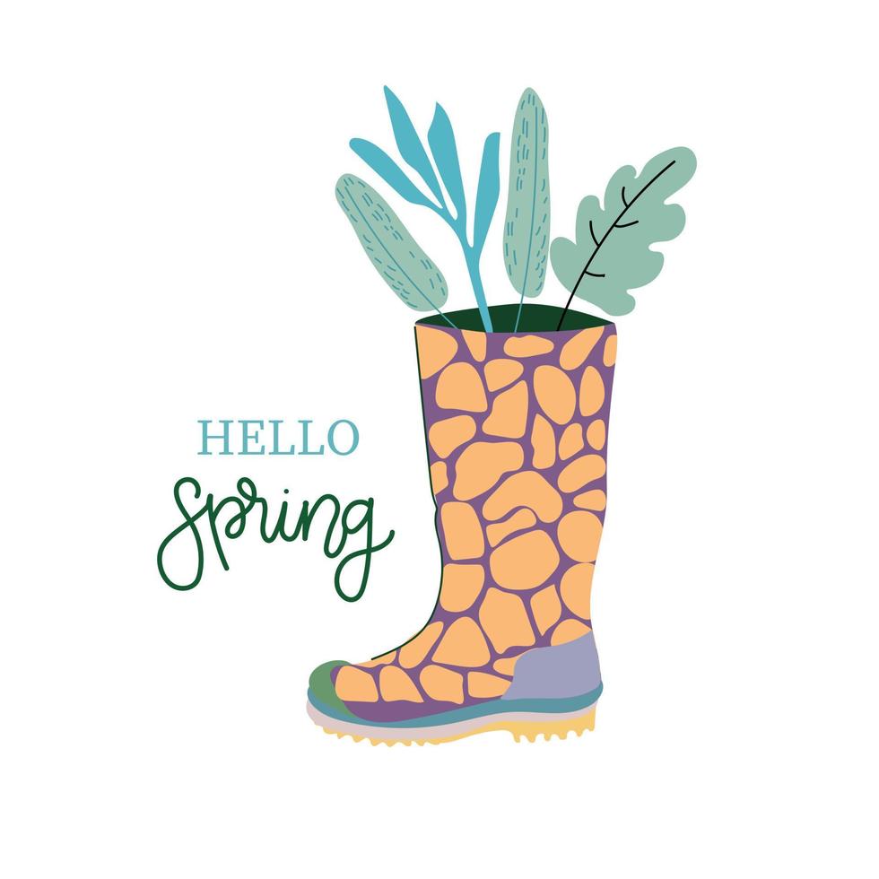 Hallo Frühling. Gummi Stiefel mit Blumensträuße. Hand gezeichnet Frühling drucken, Postkarte, Poster. handgeschrieben Inschriften vektor