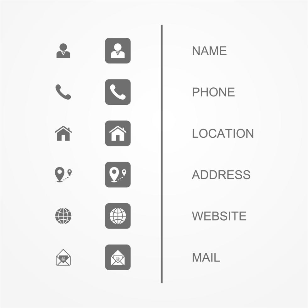 Geschäft Karte Symbol Satz. Vektor minimal Symbole, Ikonen einstellen zum Geschäft Karte, Name, Standort, Webseite, Telefon, und Email