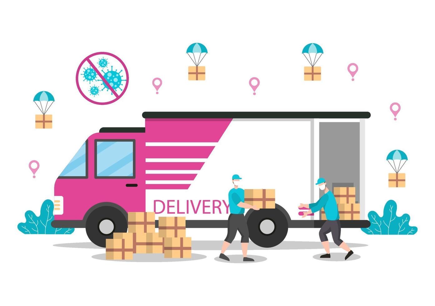 platt illustration av leverans online för beställningsspårning, budtjänst, godsfrakt, stadslogistik med en lastbil eller motorcykel vektor