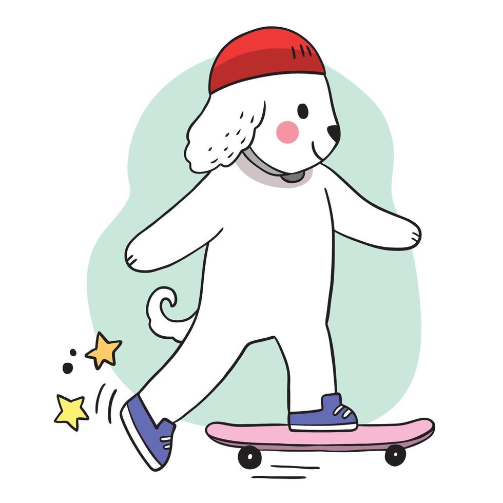 Hand zeichnen Cartoon niedlichen Hund spielen auf Skateboard vektor