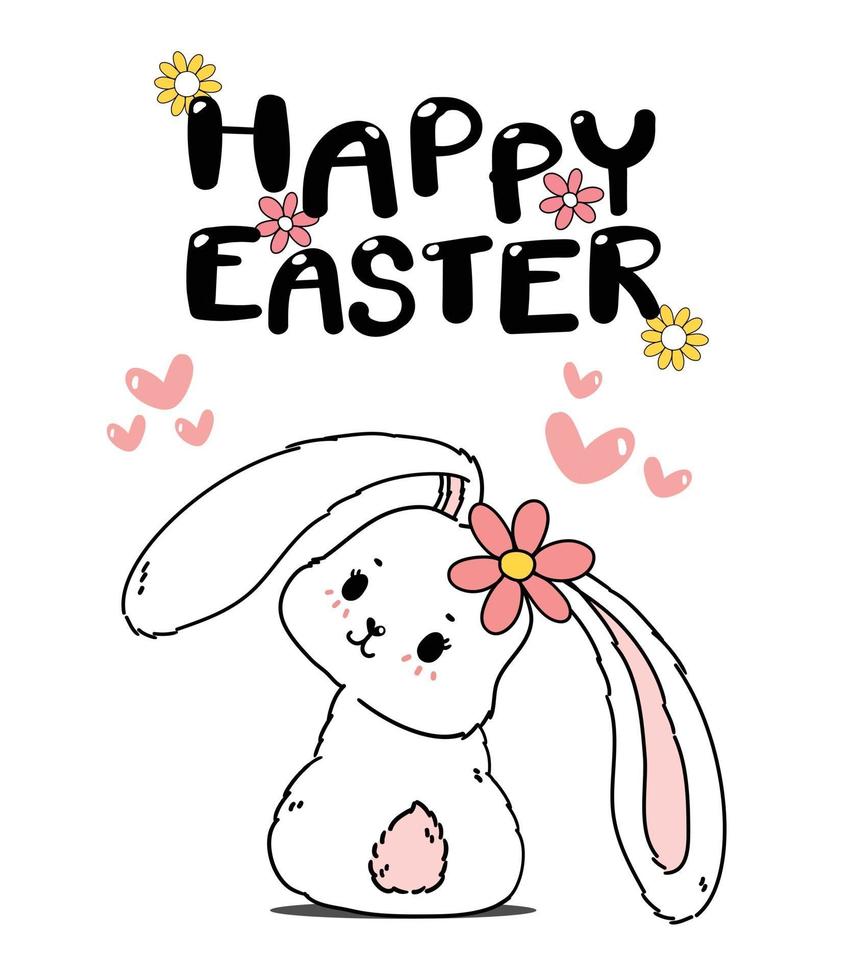 niedliche Frühlingshasen Ostern, glückliche Ostern, niedliche Cartoon Gekritzel Zeichnung Illustration Vektor