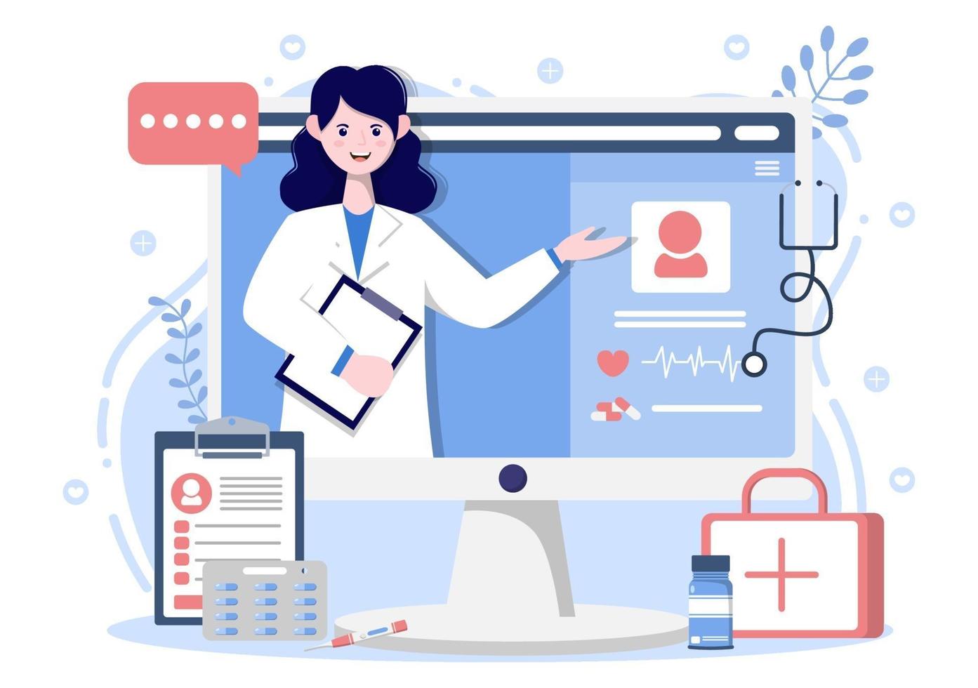 online sjukvård och medicinskt begrepp av läkare vektorillustration, medicin konsultation och behandling via tillämpning av smartphone eller dator ansluten internet klinik vektor