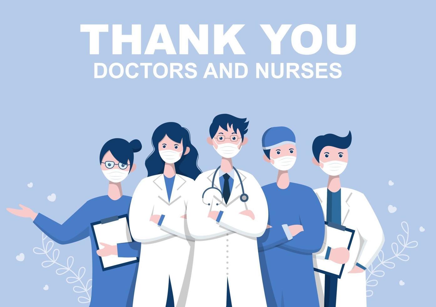 tack läkare och sjuksköterska, illustrationspaket med tacksägelse till alla medicinska assistenter för att ha kämpat med koronavirus och räddat många liv vektor