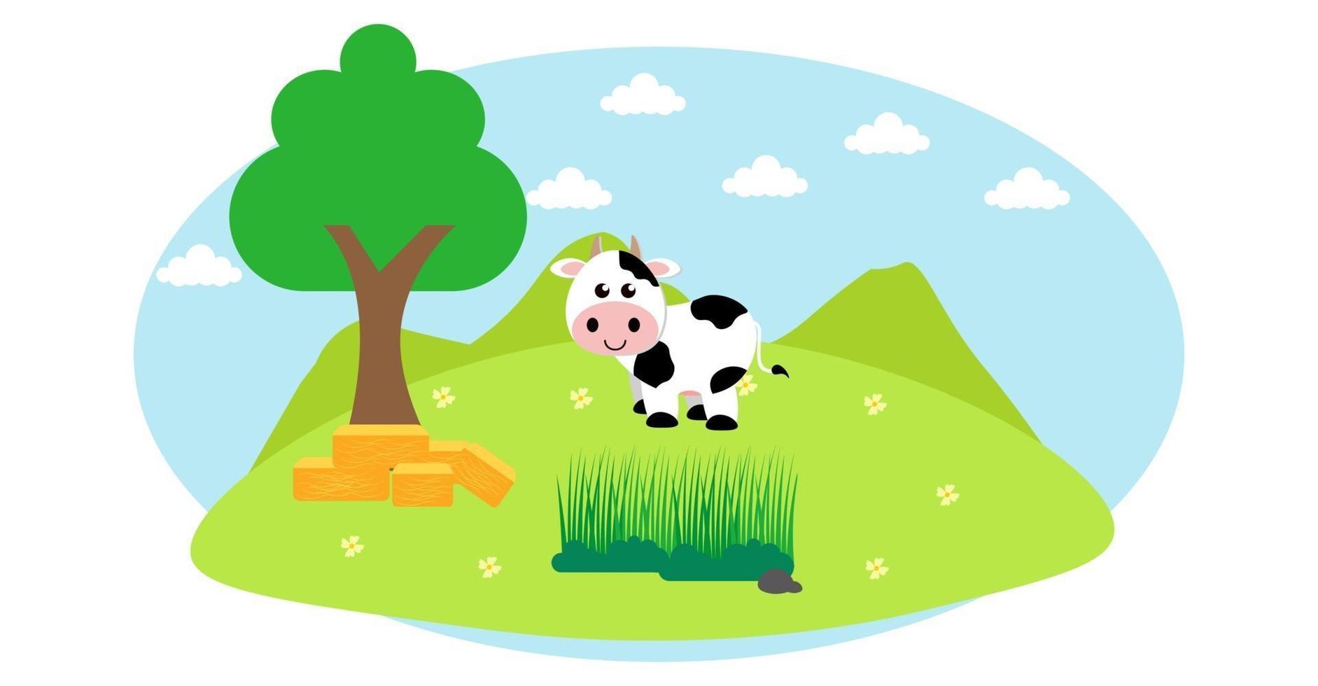 niedliche Karikaturvektorillustration der ländlichen Wiese der Kuh und des Bauernhofs vektor